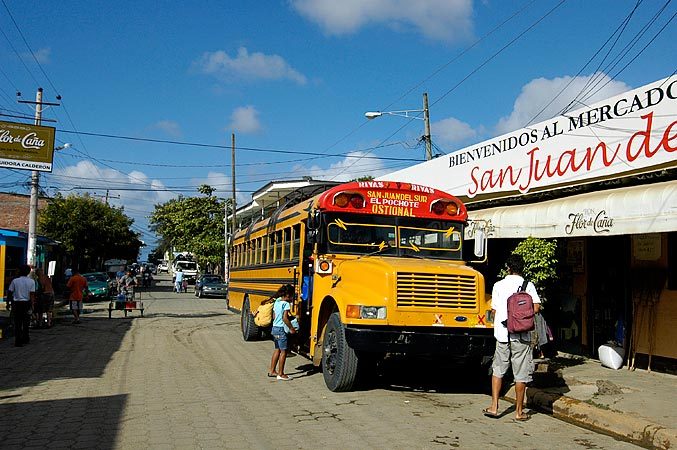 Central San Juan del Sur.  Central America is famous for recycling old American school buses and using them for intercity transport.