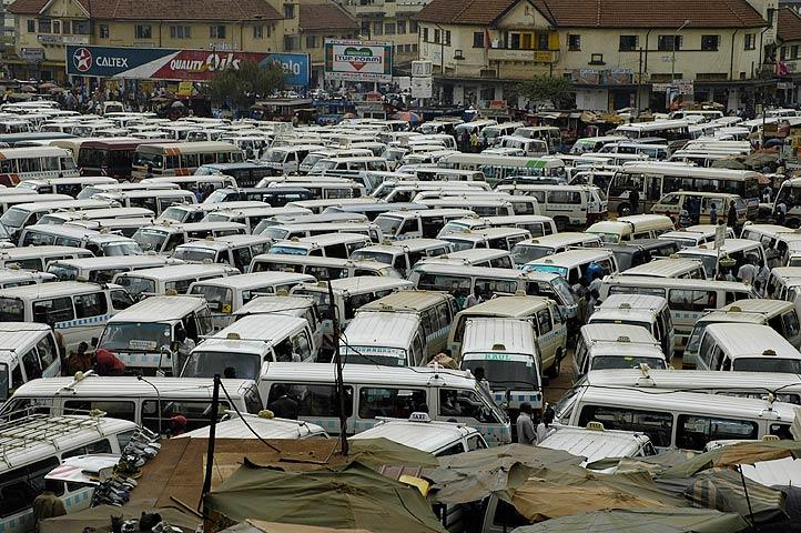 For linguistic confusion 'taxi' in Uganda means a shared mini-bus.  Good luck finding your bus here.