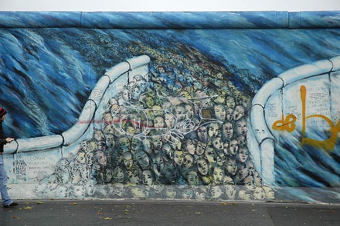 Art on the Berlin Wall.  A German friend tells me that it looked exactly like this on the day the wall came down.